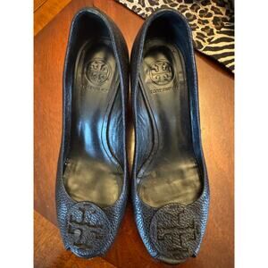 Tory Burch Black Peek Toe Leather Wedges Size 8M